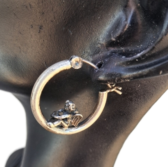 Vintage Sterling Silver Cherub Angel Charm Hoop Earrings